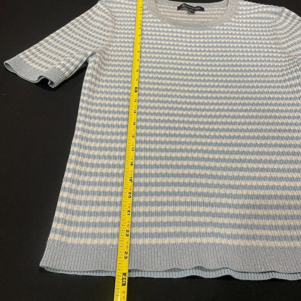 ~ Brooks Brothers XL Sweater Short Sleeved Striped Metallic Ribbed Knit Lt Blue